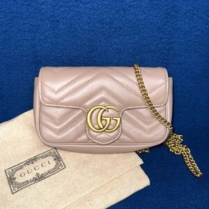 Authentic Gucci GG Marmot Mini Shoulder Bag Pink Beige Lambskin Leather Italy